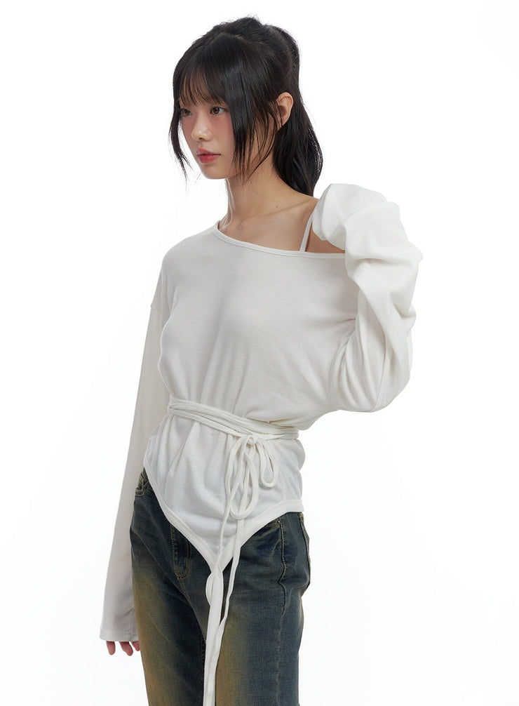 one-shoulder-unbalanced-strap-t-shirt-cs419 / Light beige