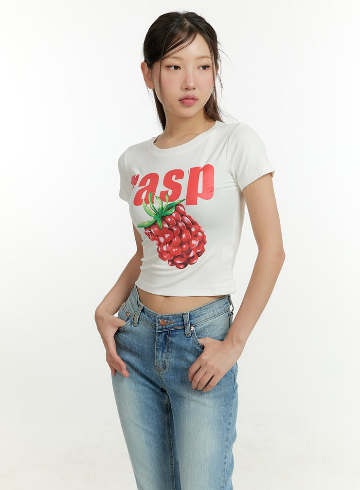 raspberry-graphic-cotton-crop-tee-cu428 / Light beige