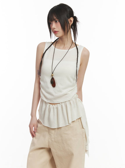 ruffle-shirred-asymmetric-tank-top-cf519 / Light beige