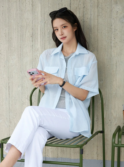 sheer-breezy-stripe-pocket-shirt-cu522 / Light blue