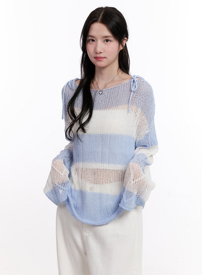 mesh-ribbon-stripe-sweater-cm527 / Light blue