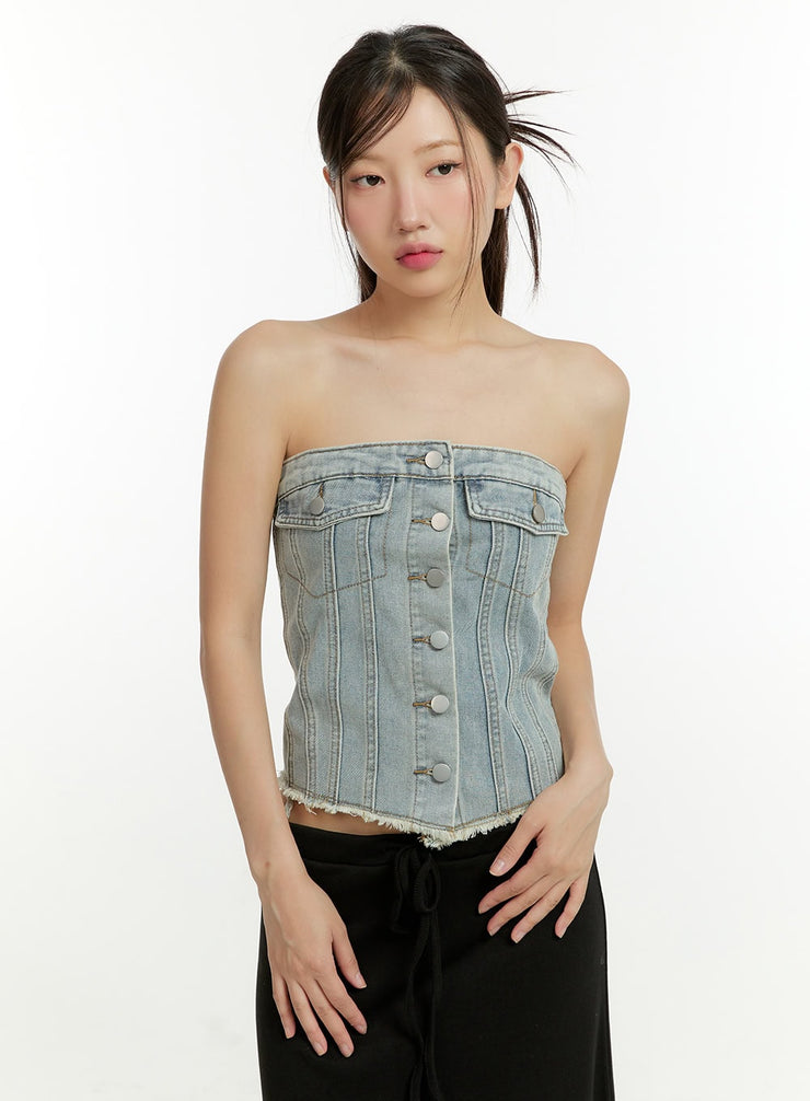 denim-button-up-tube-top-cu428 / Light blue