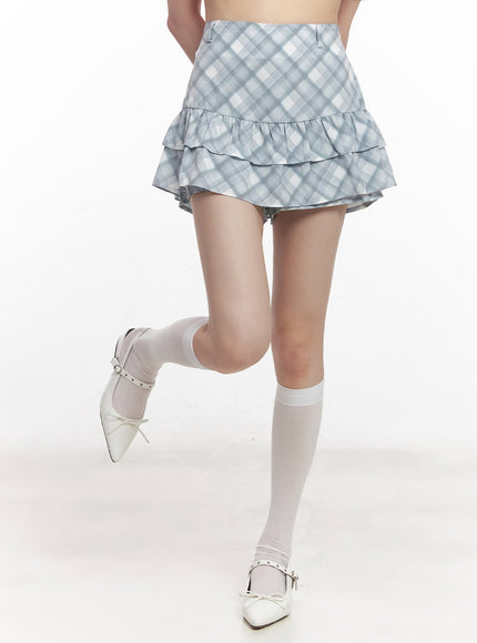 frill-plaid-print-mini-skirt-cy521 / Light blue