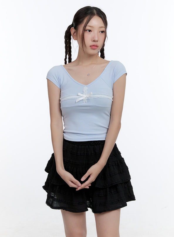 babydoll-ribbon-lace-crop-tee-cg414 / Light blue