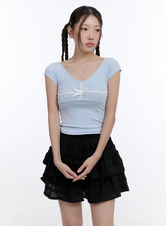 babydoll-ribbon-lace-crop-tee-cg414 / Light blue