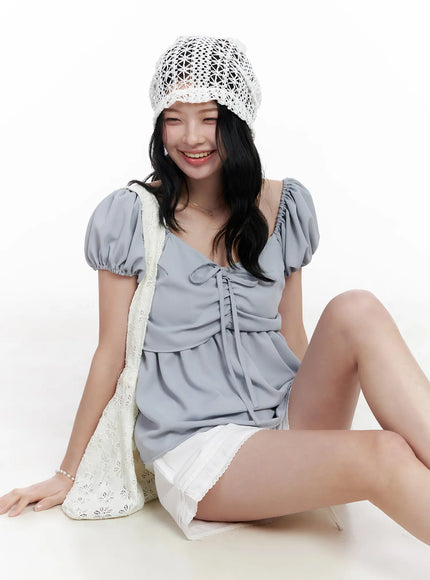 chiffon-ruched-puff-sleeve-blouse-ca510 / Light blue