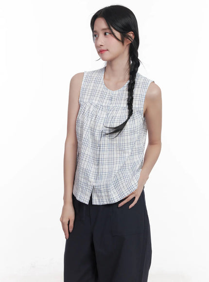 plaid-sleeveless-blouse-cu523 / Light blue
