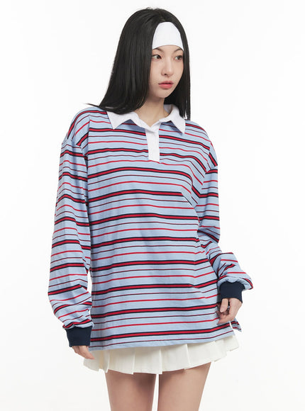 oversized-striped-long-sleeve-polo-shirt-cf514 / Light blue