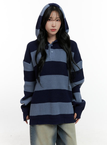 buttoned-stripe-hoodie-sweater-cn408 / Light blue