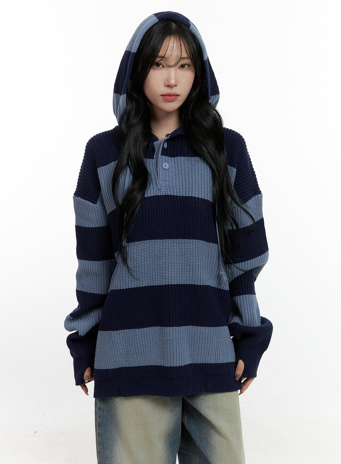 buttoned-stripe-hoodie-sweater-cn408 / Light blue