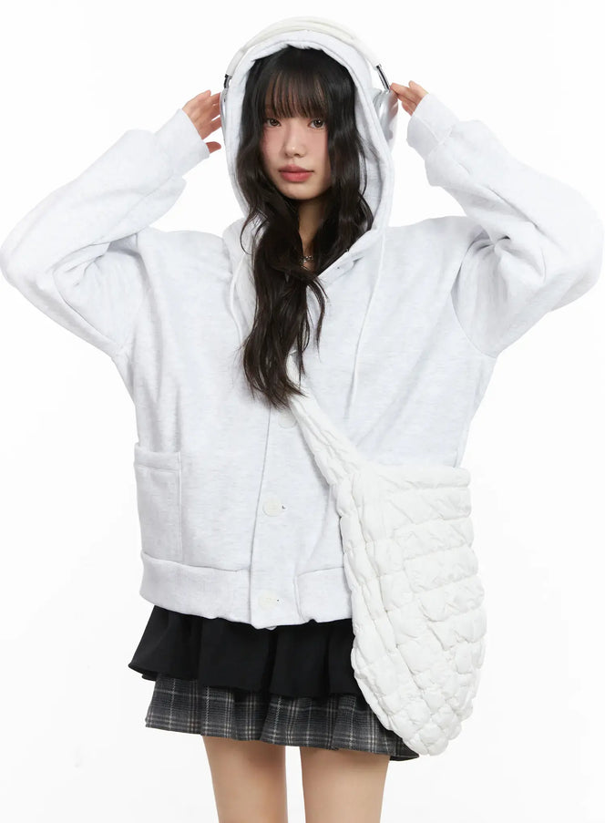 overfit-fleece-button-hoodie-cd531 / Light gray