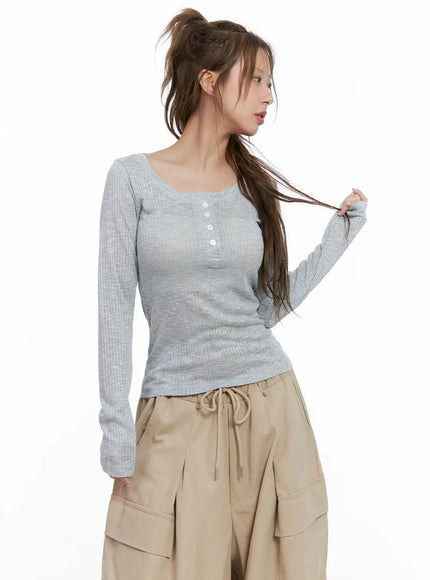 ribbed-sheer-long-sleeve-top-cl514 / Light gray