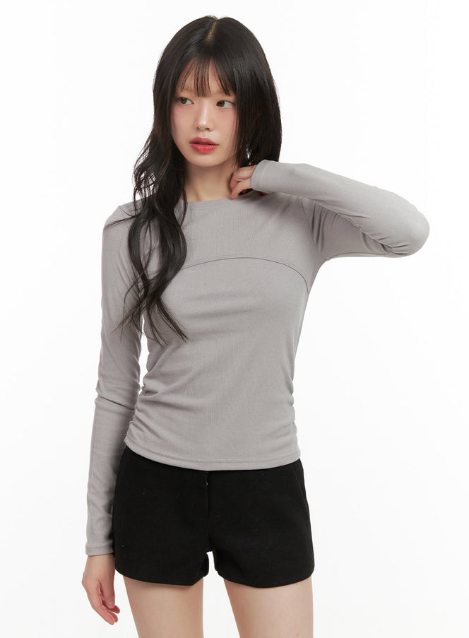 shirred-slim-fit-long-sleeve-top-cj506 / Light gray