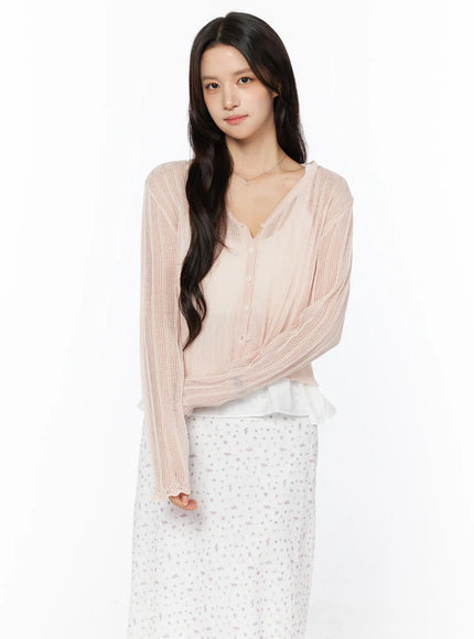 sheer-ribbed-cardigan-cu522 / Light pink