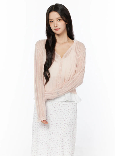 sheer-ribbed-cardigan-cu522 / Light pink