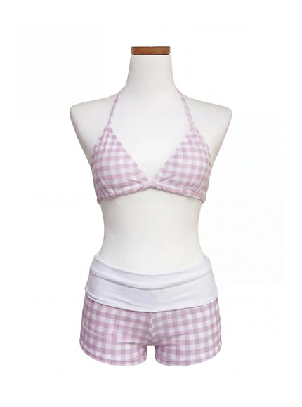 gingham-foldover-short-bikini-set-iy514 / Light pink