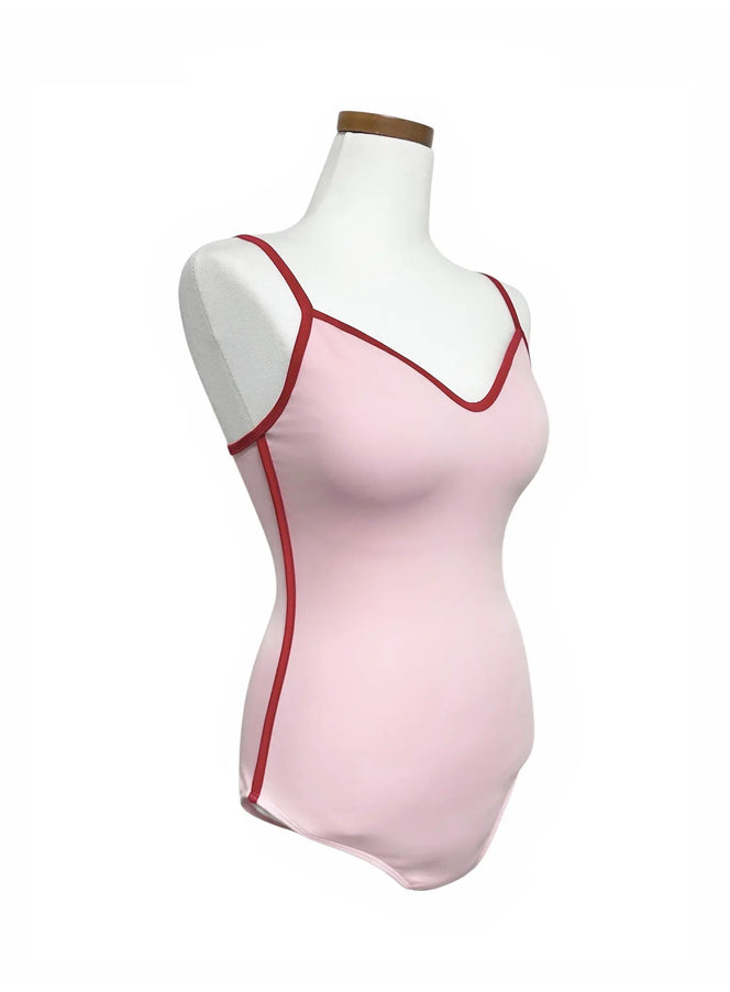 v-neck-contrast-trim-one-piece-swimsuit-iy514 / Pink