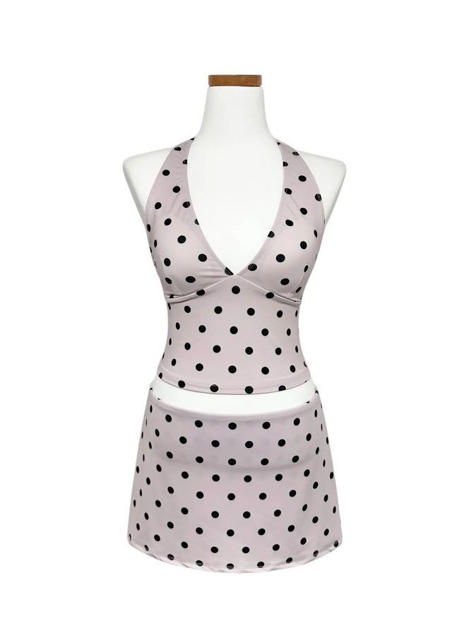 polka-dot-halter-neck-tankini-set-iy514 / Light pink