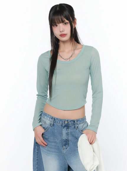 sheer-u-neck-long-sleeve-top-ca528 / Mint