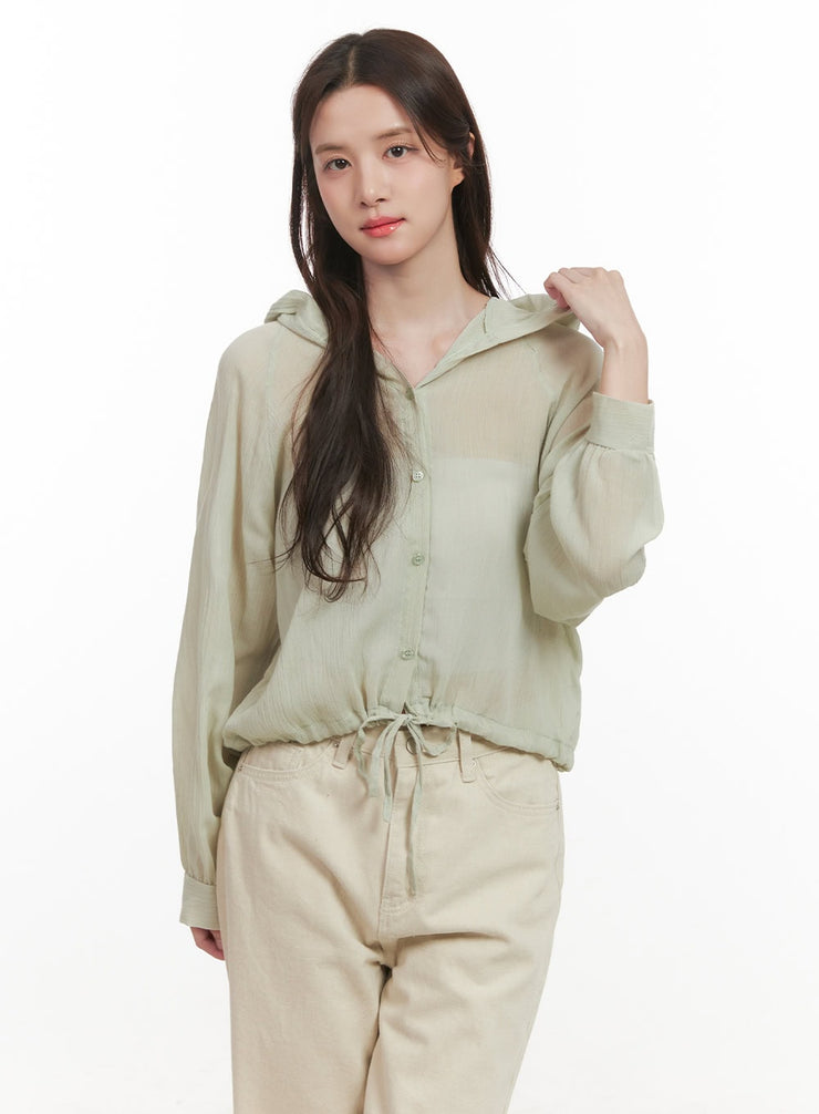 sheer-hooded-button-up-blouse-cj515 / Mint