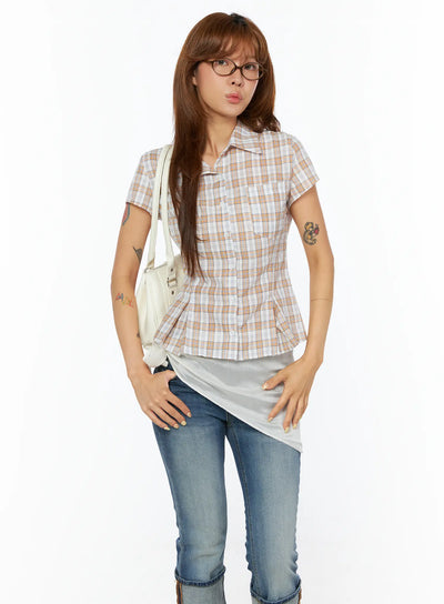 slim-fit-plaid-blouse-cu517 / Orange