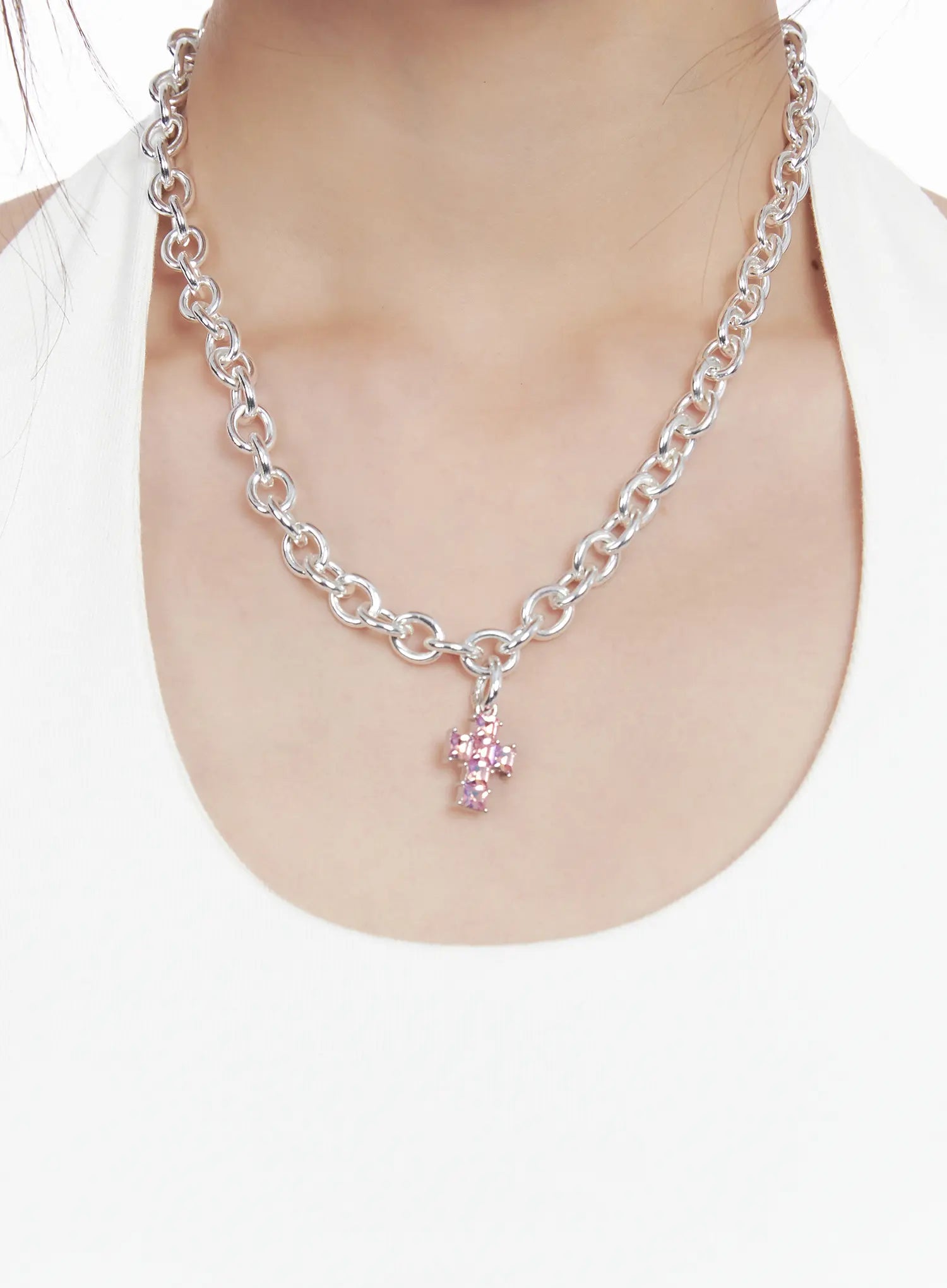 layered-cross-charm-necklace-cg519 / Pink