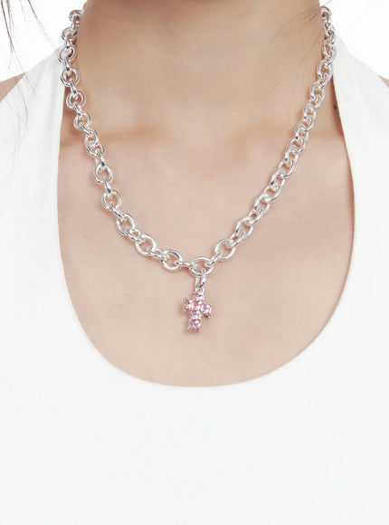 layered-cross-charm-necklace-cg519 / Pink