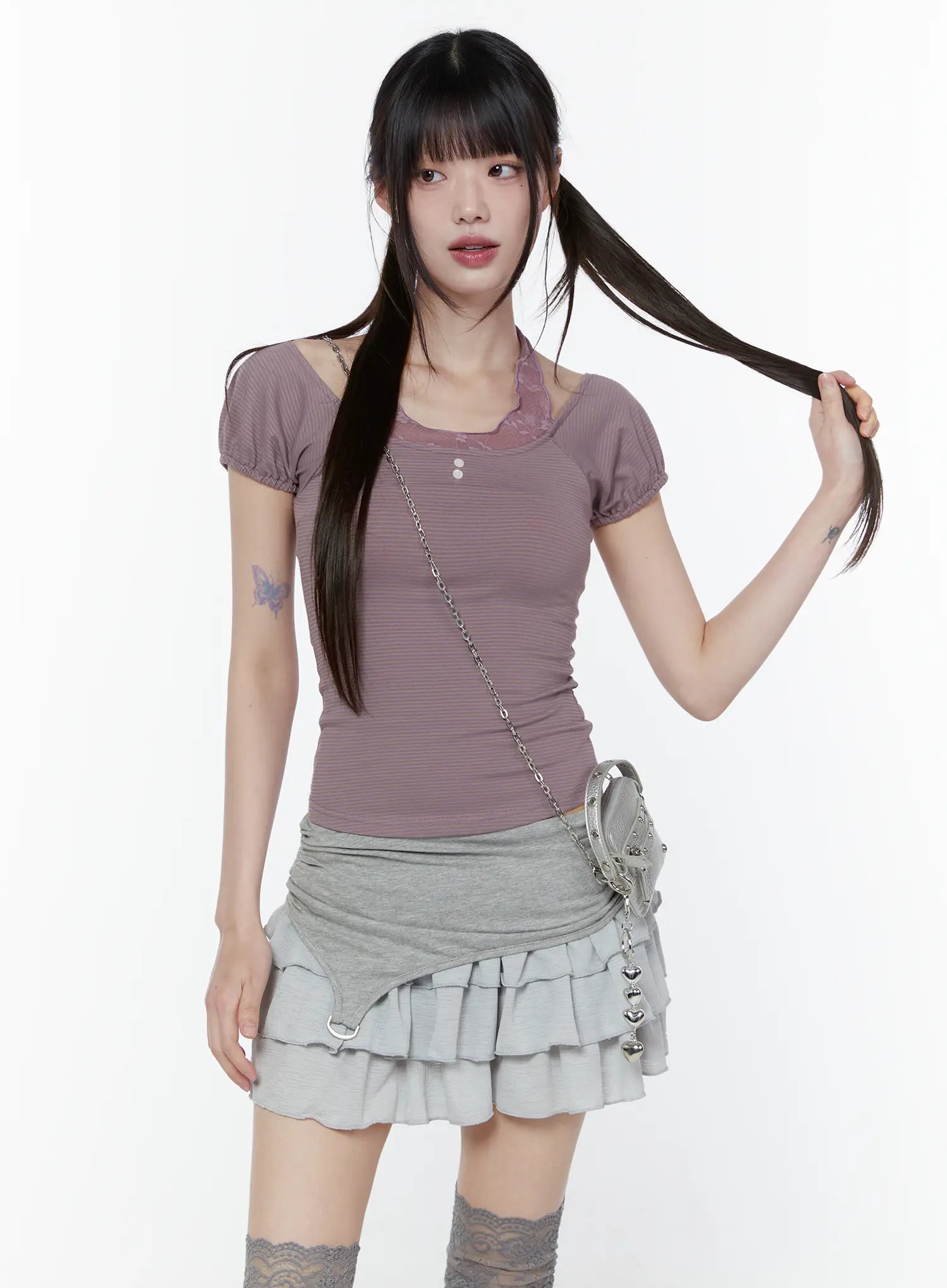 lace-striped-halter-neck-tee-cu508 / Pink