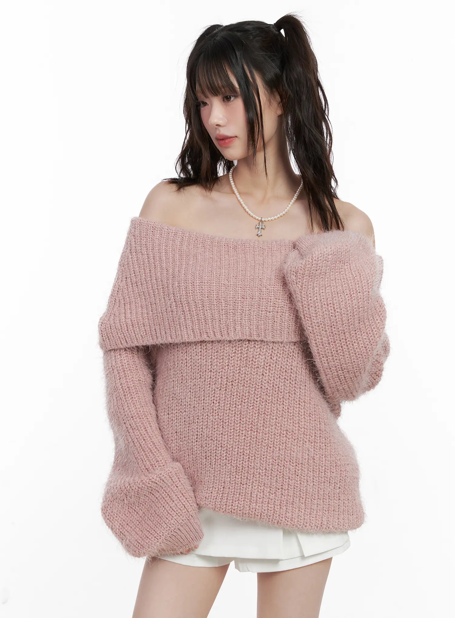 oversized-off-shoulder-fuzzy-knit-sweater-cn510 / Pink