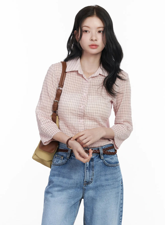 slim-fit-checkered-3-4-sleeve-shirt-ca510 / Pink