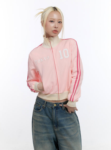 embroidered-high-collar-zip-up-sweatshirt-co422 / Pink