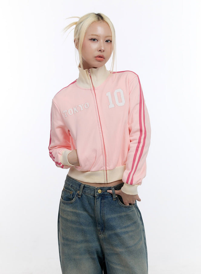 embroidered-high-collar-zip-up-sweatshirt-co422 / Pink