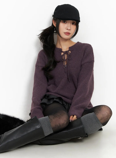 two-way-eyelet-lace-up-knit-sweater-cd505 / Purple