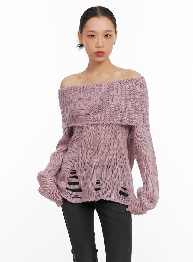 off-shoulder-destroyed-acrylic-sweater-cd410 / Purple