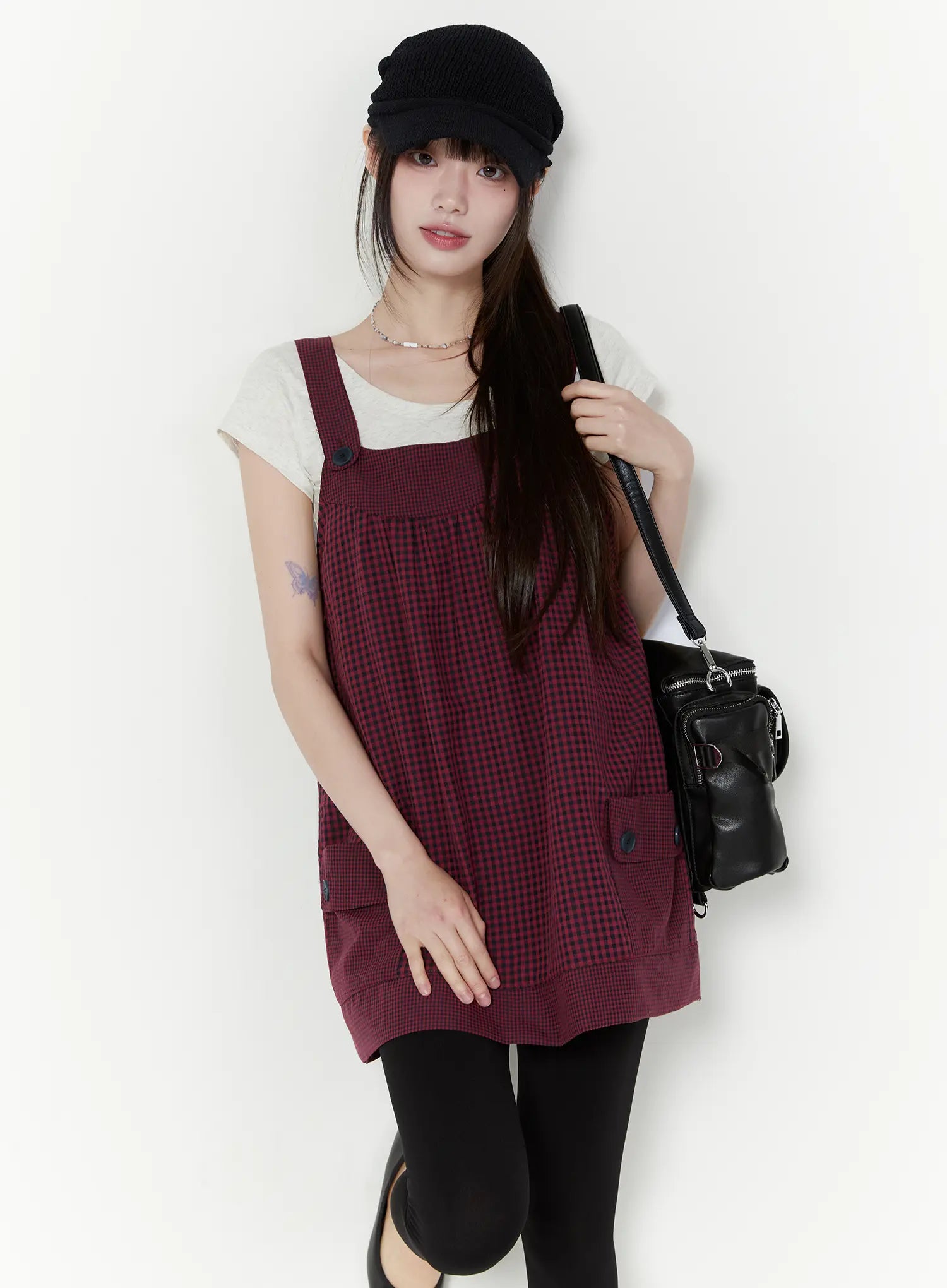 button-accent-plaid-mini-dress-cu508 / Red