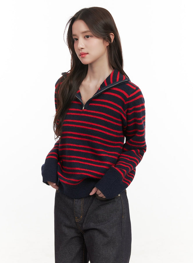 striped-half-zip-sweater-cj515 / Red