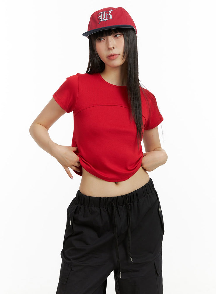 lined-solid-crop-top-cu424 / Red