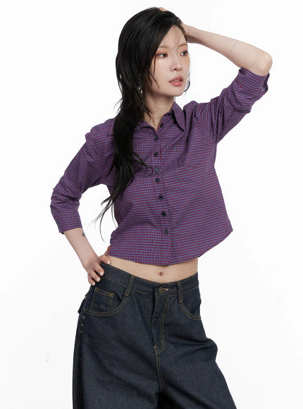 cropped-plaid-button-up-shirt-cs512 / Red