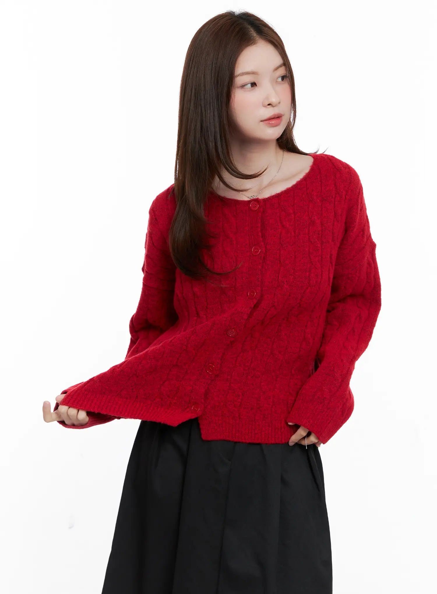 loose-fit-cable-knit-cardigan-cg521 / Red