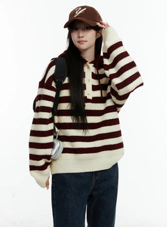striped-hooded-knit-sweater-cd523 / Red