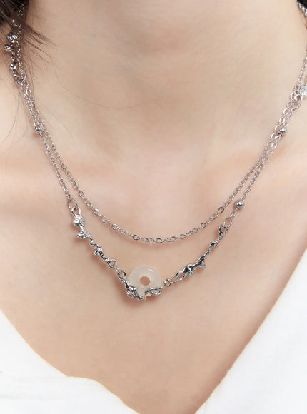 double-chain-necklace-with-stone-pendant-cm505 / Silver