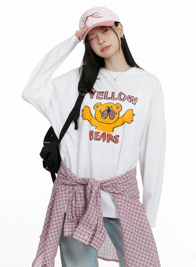 overfit-yellow-bears-graphic-long-sleeve-shirt-f502 / White