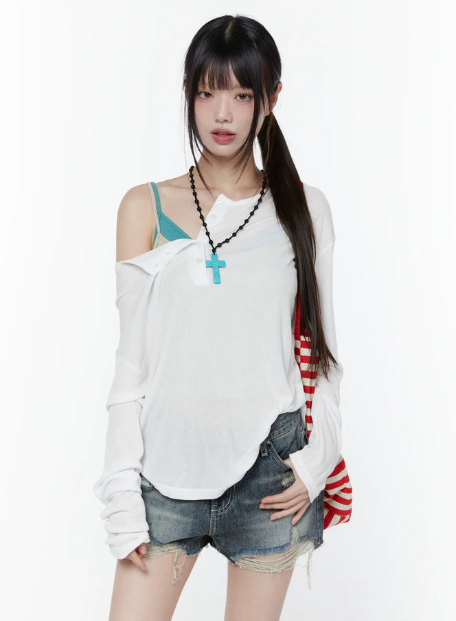 relaxed-fit-ribbed-henley-tee-cu508 / White