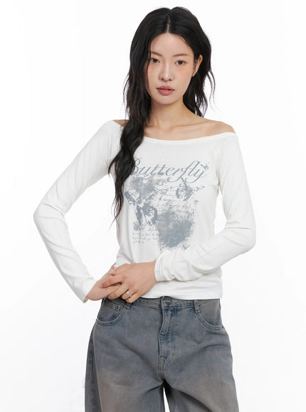 graphic-off-shoulder-long-sleeve-tee-cc1809 / White