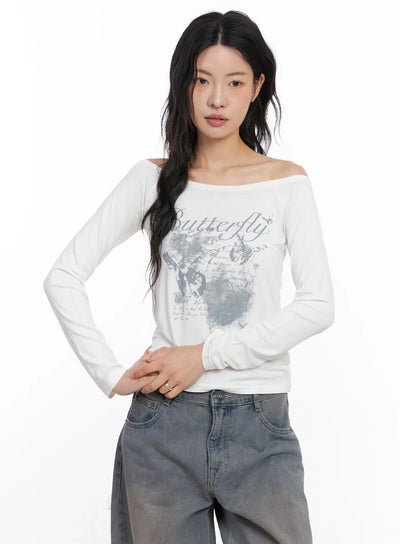 graphic-off-shoulder-long-sleeve-tee-cc1809 / White