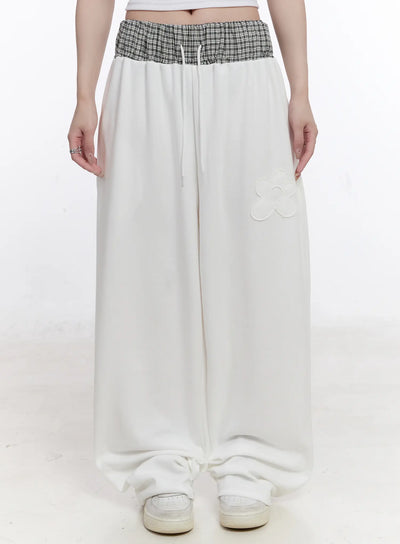 plaid-waist-wide-leg-sweatpants-cs530 / White