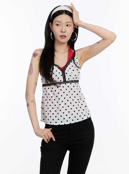 lace-trim-polka-dot-halter-top-ca507 / White