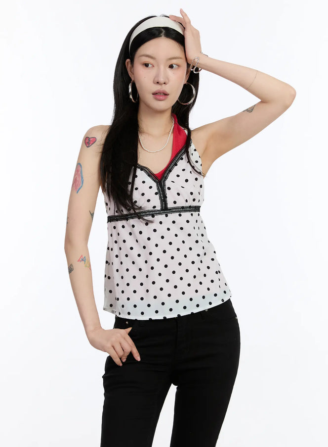 lace-trim-polka-dot-halter-top-ca507 / White