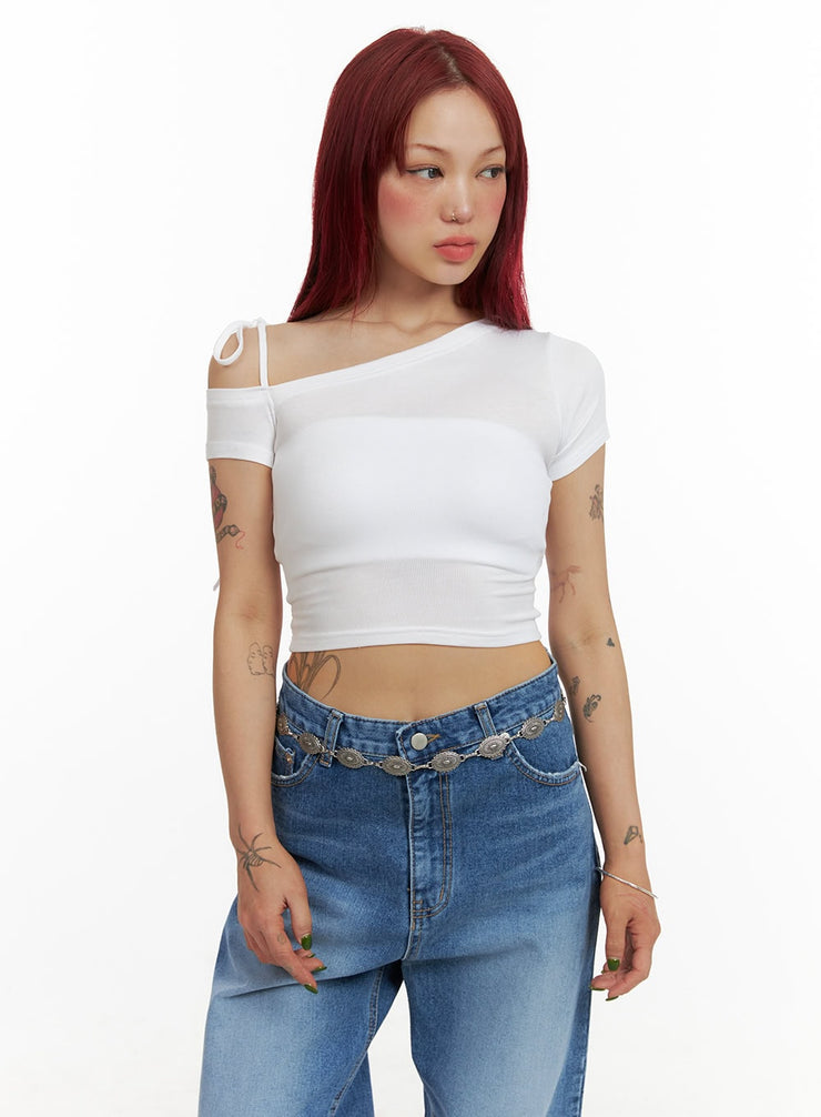 ribbon-strap-one-shoulder-crop-top-cy429 / White