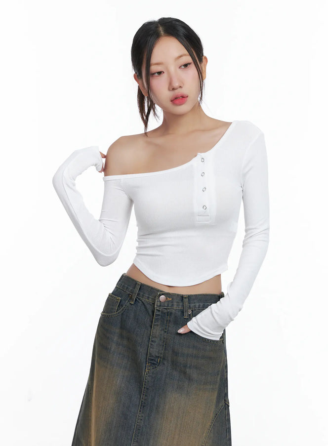 off-shoulder-asymmetric-long-sleeve-crop-top-cs503 / White